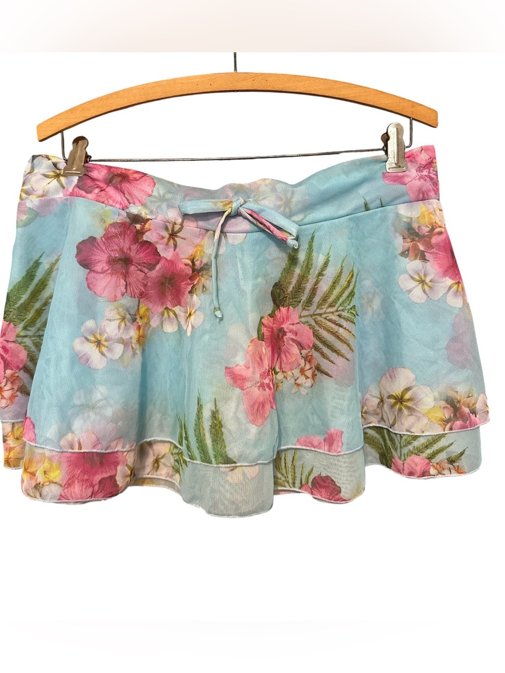 Athena Floral Blue Chiffon Beach/Swim Mini Skirt with Tie Waist Coverup Sz M NWT